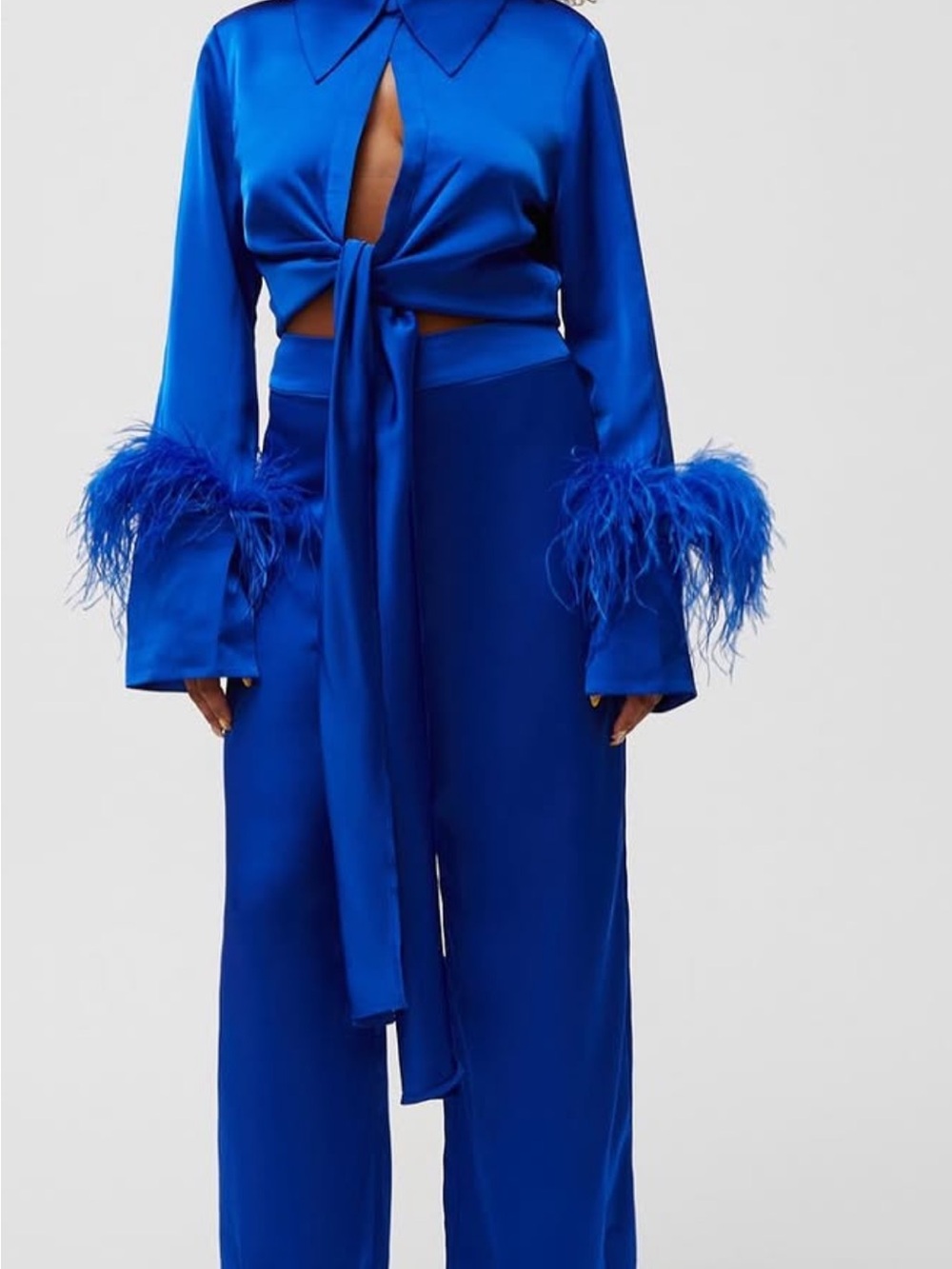 Satin Tie-Front Robe Top with Feather Cuff in Electric Blue